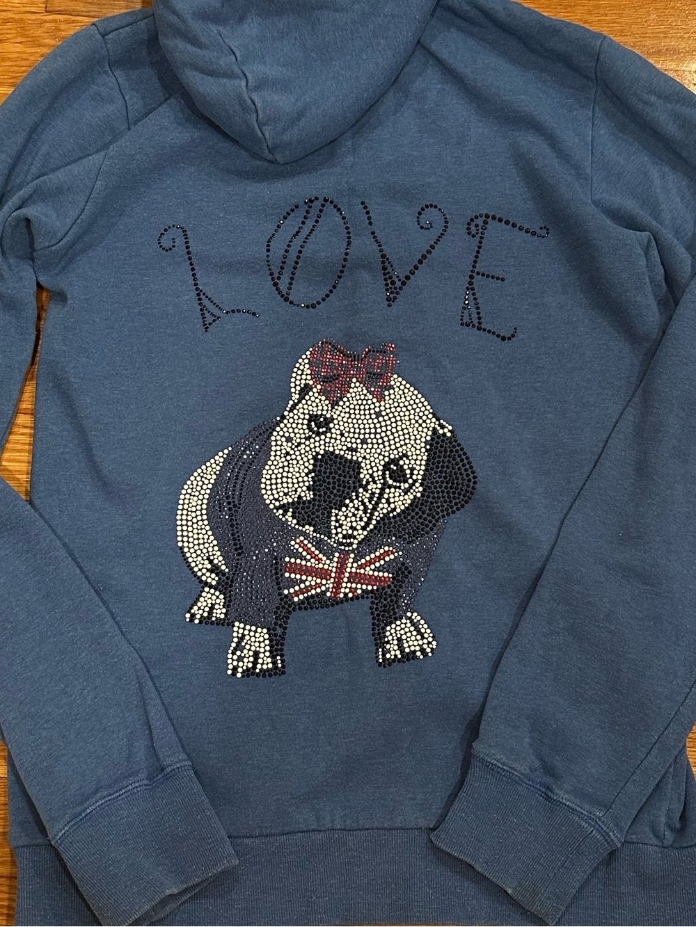 Butter Blue Hooded Zip Up Hoodie with Bull Dog and Union Jack Flag Size SSmall